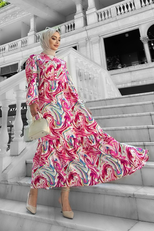 Lolita Viskon Desenli Elbise Fuşya Lolita Viskon Desenli Elbise Fuşya