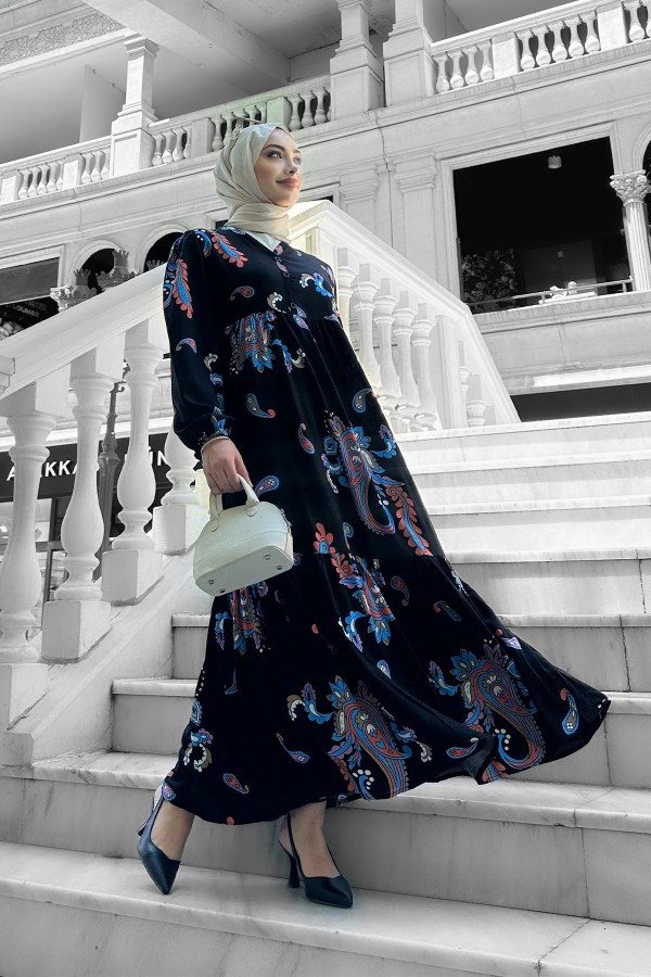 Mango Desenli Viskon Elbise Mavi