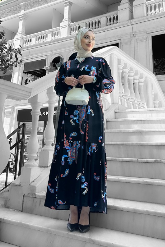 Mango Desenli Viskon Elbise Mavi