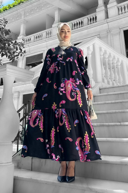 Mango Desenli Viskon Elbise Fuşya