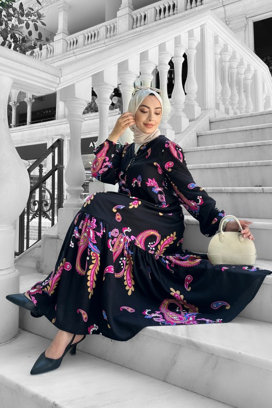 Mango Desenli Viskon Elbise Fuşya