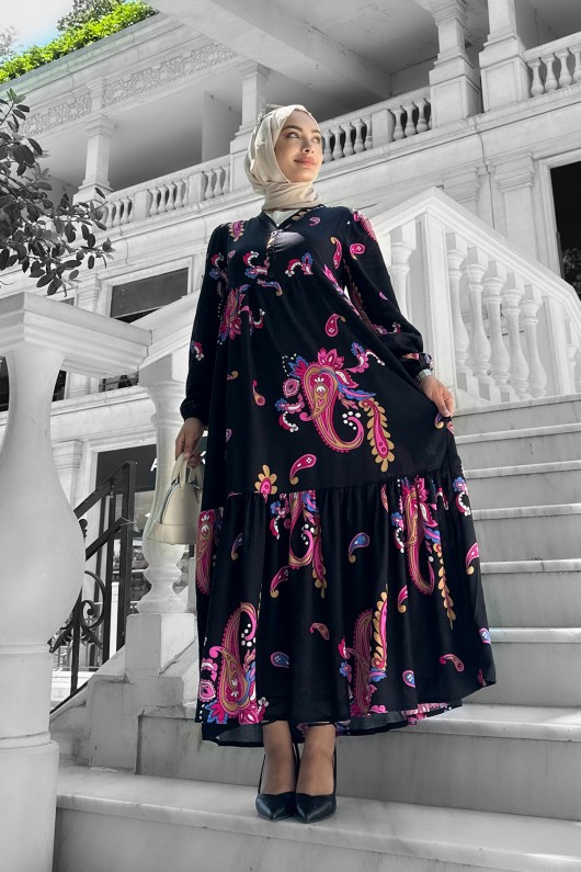 Mango Desenli Viskon Elbise Fuşya