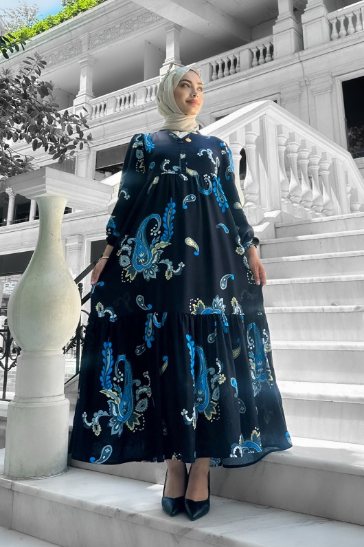 Mango Desenli Viskon Elbise Buz Mavi̇si̇