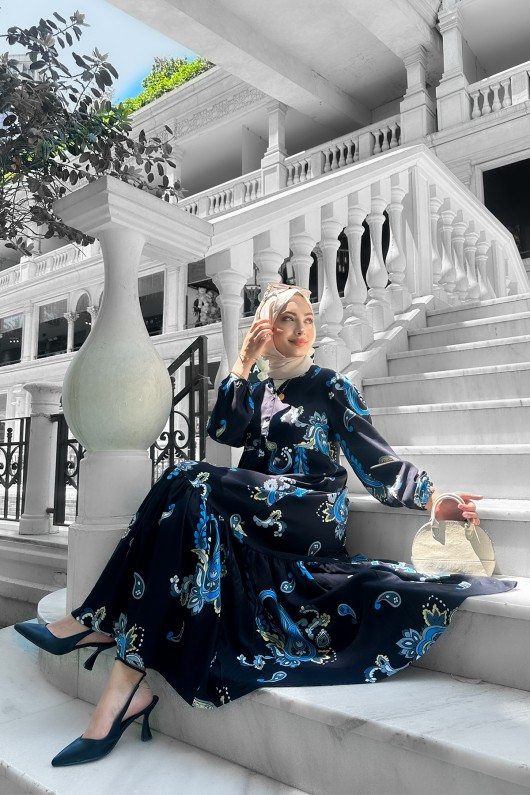 Mango Desenli Viskon Elbise Buz Mavi̇si̇