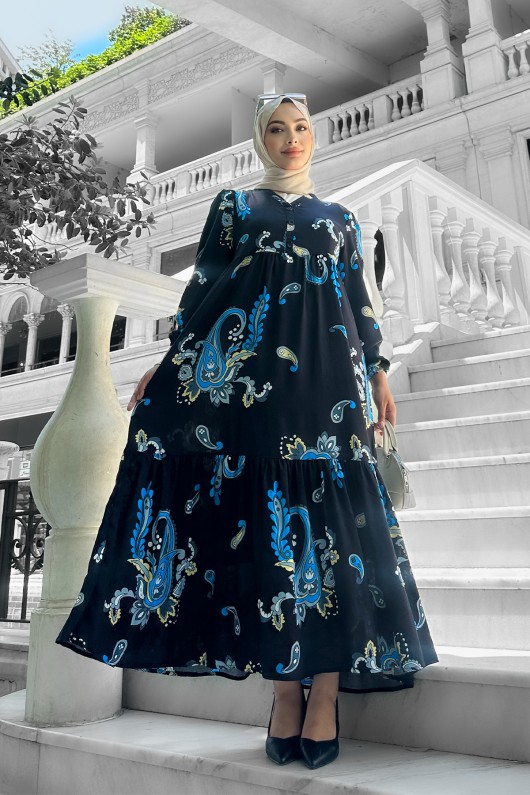 Mango Desenli Viskon Elbise Buz Mavi̇si̇