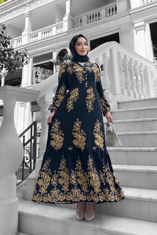 Sultan Desenli Viskon Elbise Siyah