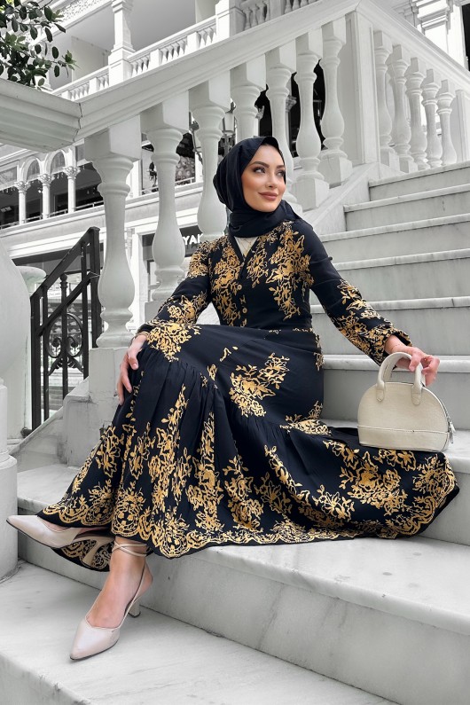 Sultan Desenli Viskon Elbise Siyah
