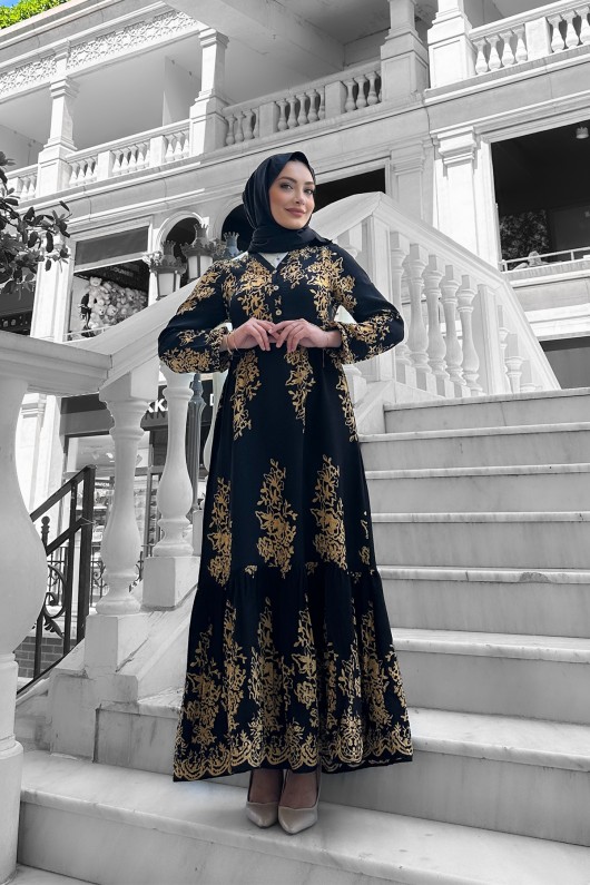 Sultan Desenli Viskon Elbise Siyah