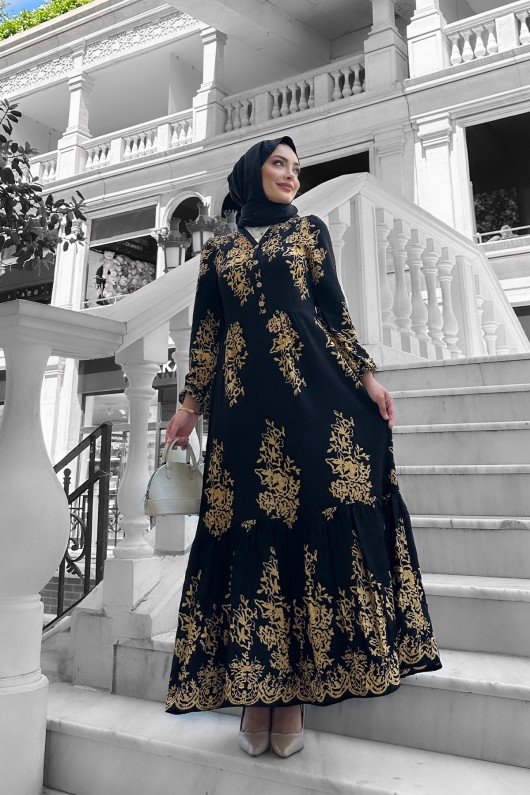 Sultan Desenli Viskon Elbise Siyah
