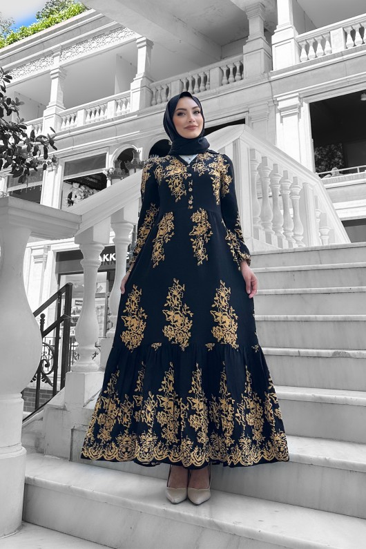 Sultan Desenli Viskon Elbise Siyah