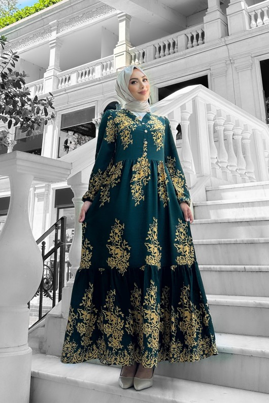 Sultan Desenli Viskon Elbise Yeşil