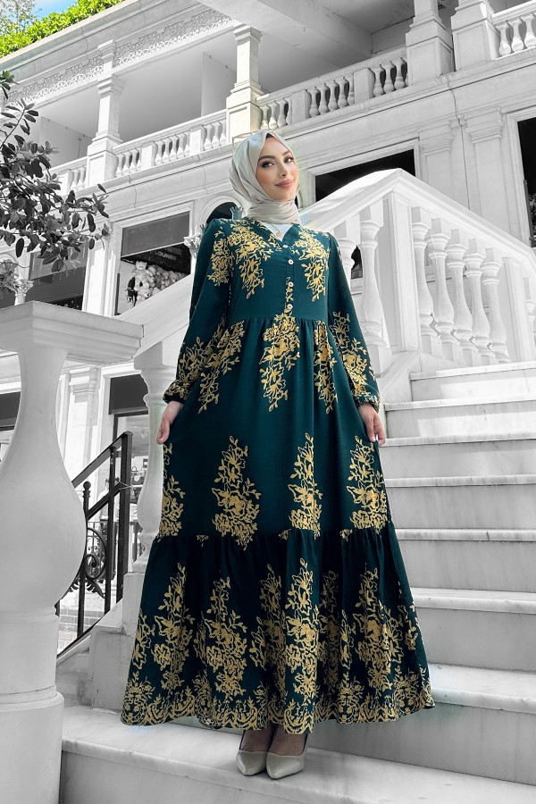 Sultan Desenli Viskon Elbise Yeşil