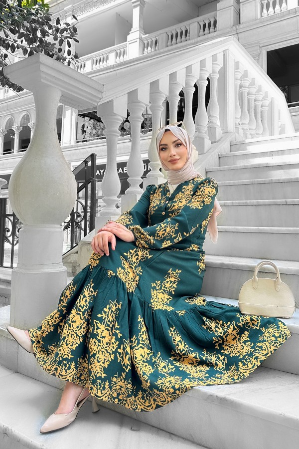 Sultan Desenli Viskon Elbise Yeşil