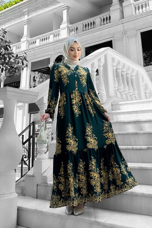 Sultan Desenli Viskon Elbise Yeşil