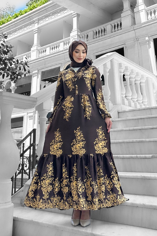 Sultan Desenli Viskon Elbise Kahverengi