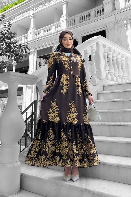 Sultan Desenli Viskon Elbise Kahverengi