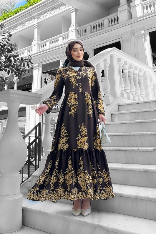 Sultan Desenli Viskon Elbise Kahverengi