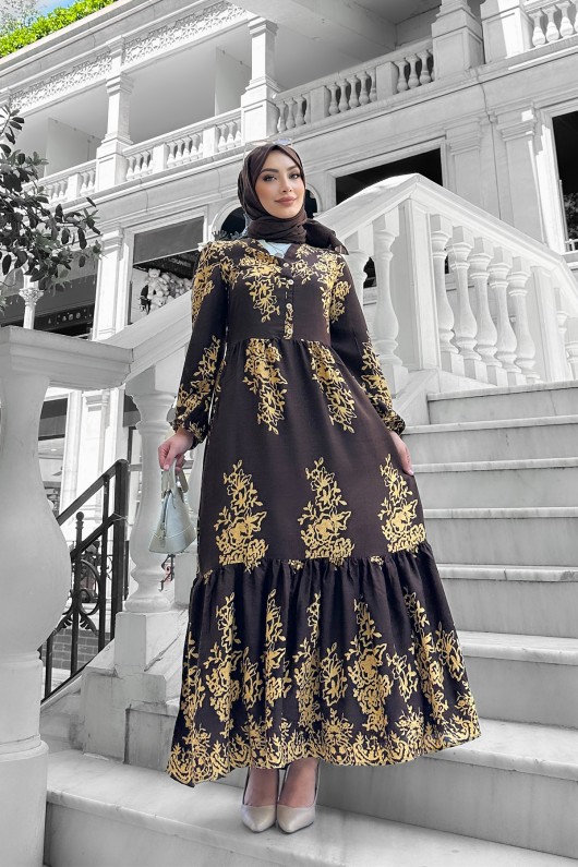 Sultan Desenli Viskon Elbise Kahverengi