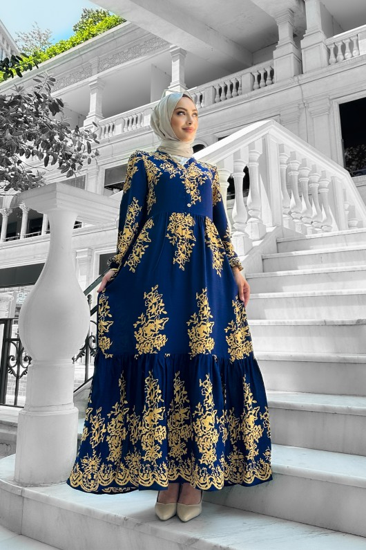 Sultan Desenli Viskon Elbise Lacivert