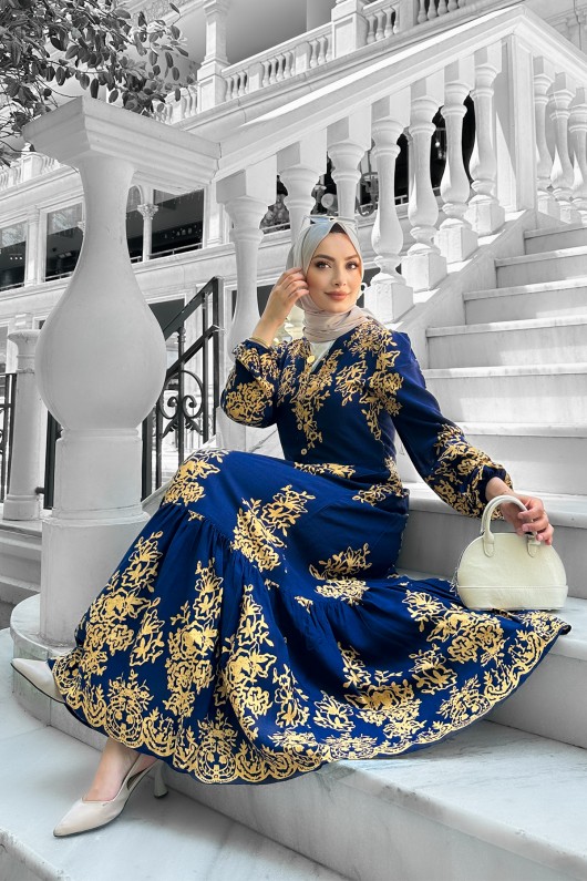 Sultan Desenli Viskon Elbise Lacivert