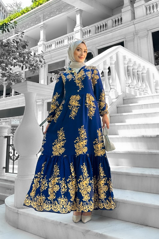 Sultan Desenli Viskon Elbise Lacivert