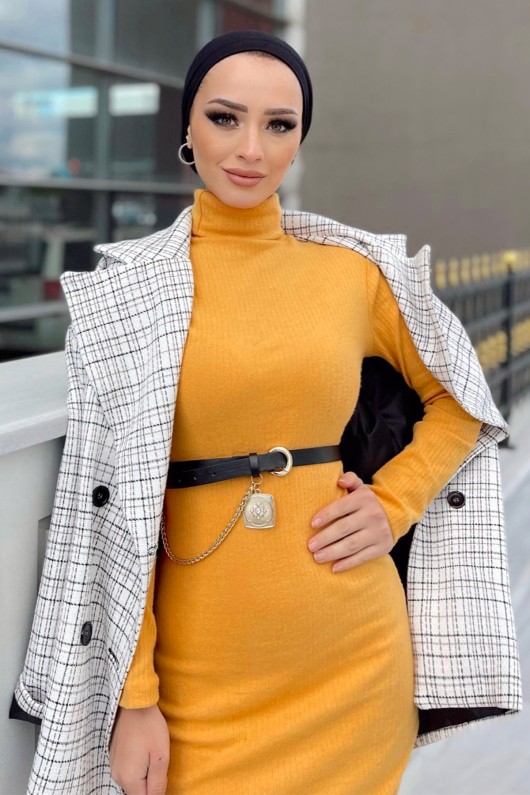 Adela Kalem Triko Tesettür Elbise - Hardal Adela Kalem Triko Tesettür Elbise - Hardal