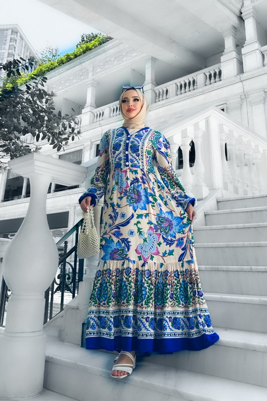 Alaçatı Viskon Desenli Elbise Mavi Alaçatı Viskon Desenli Elbise Mavi