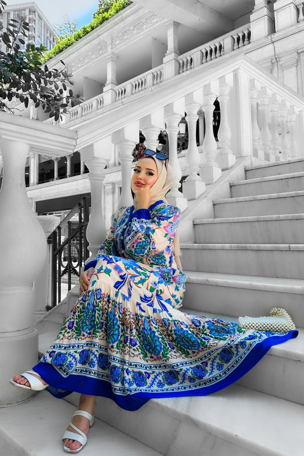 Alaçatı Viskon Desenli Elbise Mavi