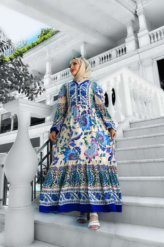 Alaçatı Viskon Desenli Elbise Mavi Alaçatı Viskon Desenli Elbise Mavi