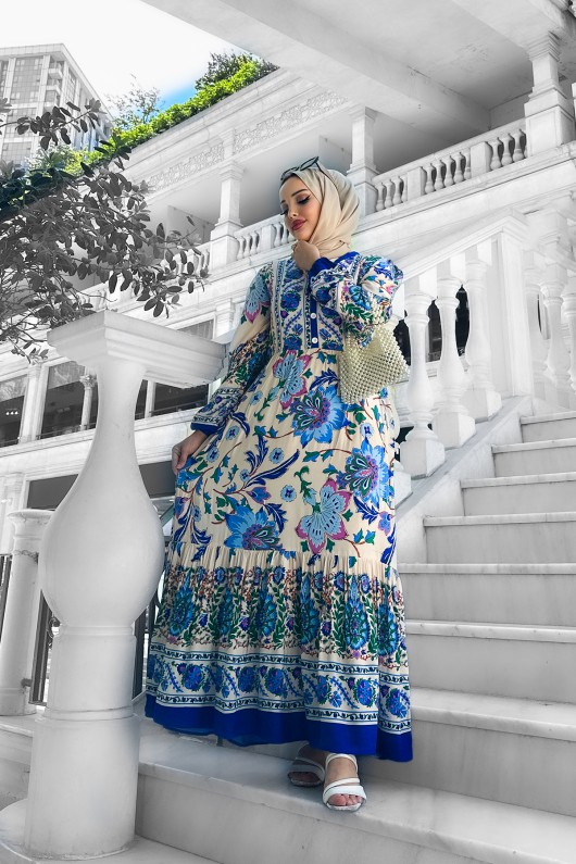 Alaçatı Viskon Desenli Elbise Mavi Alaçatı Viskon Desenli Elbise Mavi