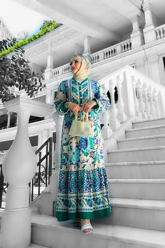 Alaçatı Viskon Desenli Elbise Yeşil