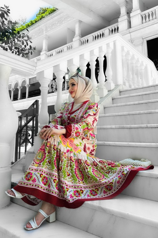 Alaçatı Viskon Desenli Elbise Bordo Alaçatı Viskon Desenli Elbise Bordo