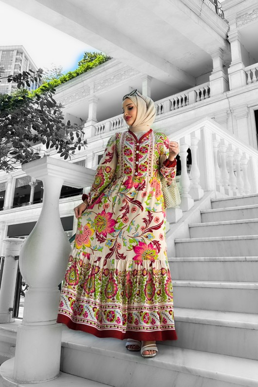 Alaçatı Viskon Desenli Elbise Bordo Alaçatı Viskon Desenli Elbise Bordo